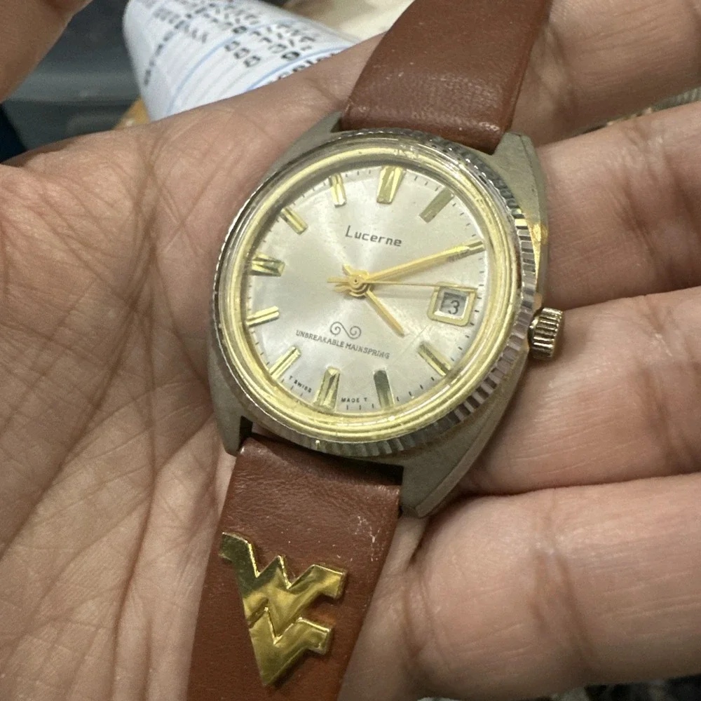 Working Vintage Lucerne Men's Manual Wind Watch 38mm Date Brown Leather Rare Run